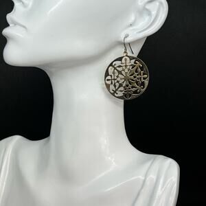 Gold tone Filigree Disc Earrings Large Round Cutout Bohemian Statement Dangle
